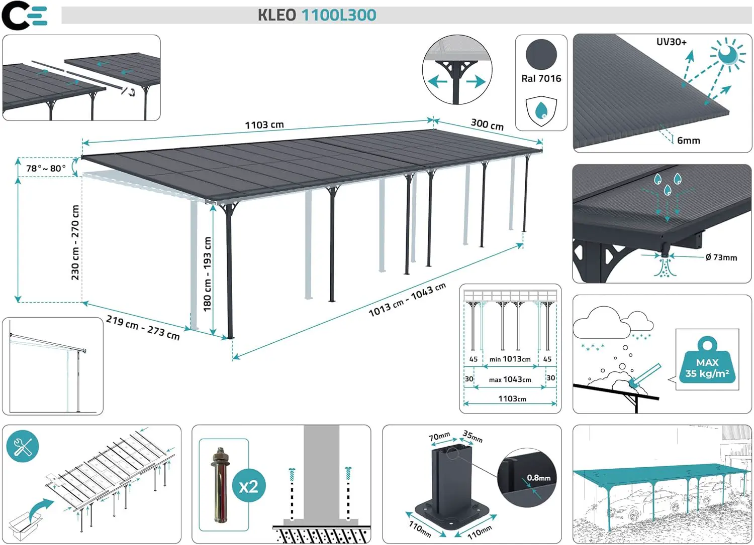 Pergola en aluminium gris 11x3 m adossée vue 2