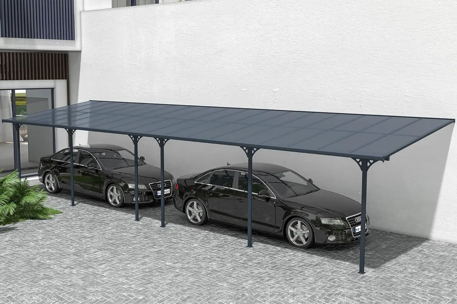 Pergola en aluminium gris 11x3 m adossée vue 6