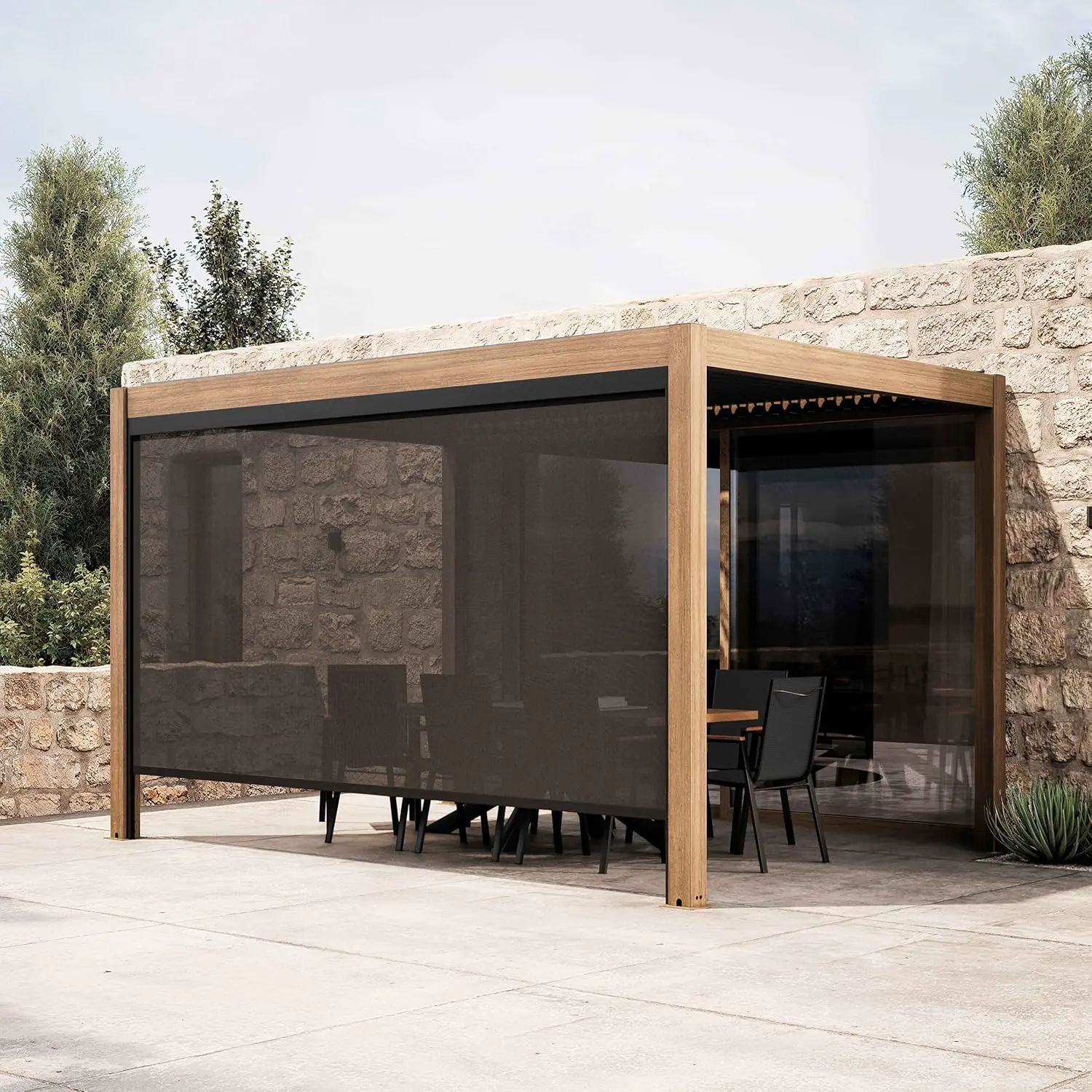 Pergola en aluminium gris 3x4 m autoportée 1 store vue 2
