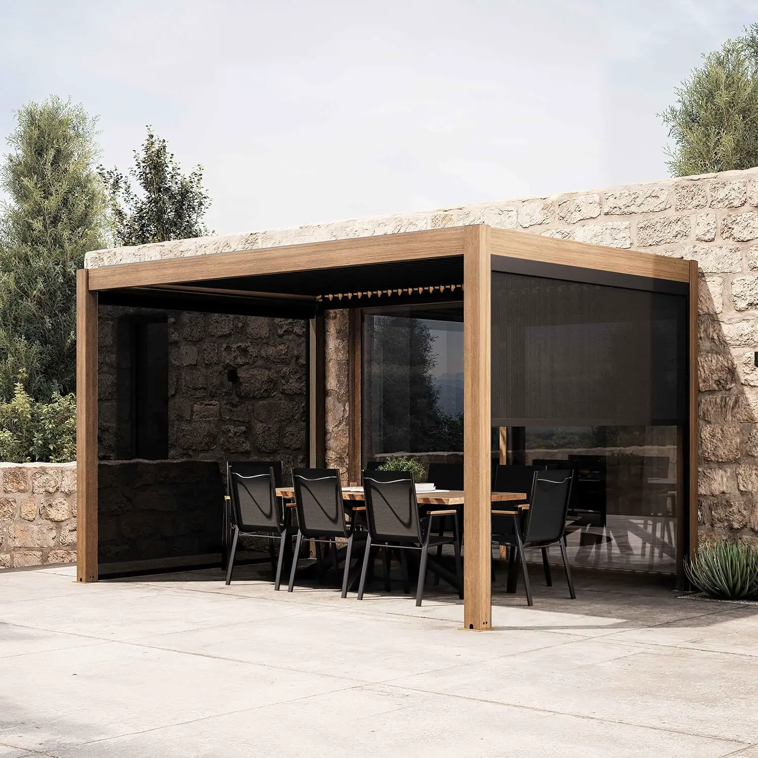 Pergola en aluminium gris 3x4 m autoportée 2 stores vue 2