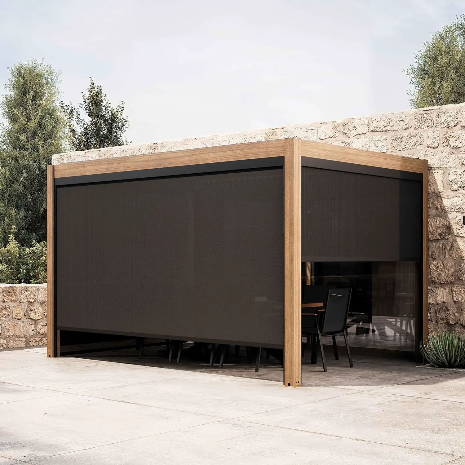 Pergola en aluminium gris 3x4 m autoportée 3 stores vue 2