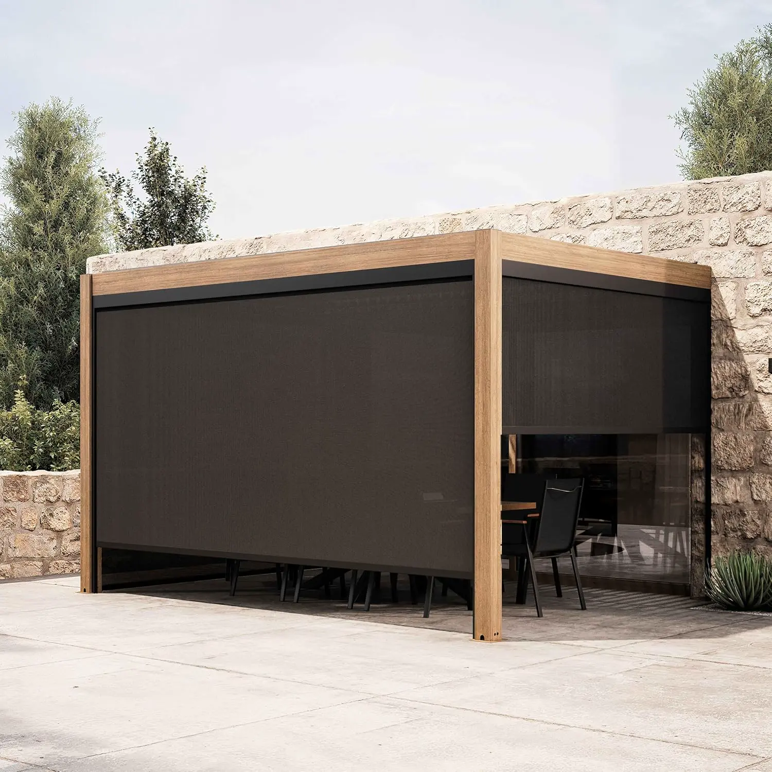 Pergola en bois gris 3x4 m adossée 3 stores vue 2