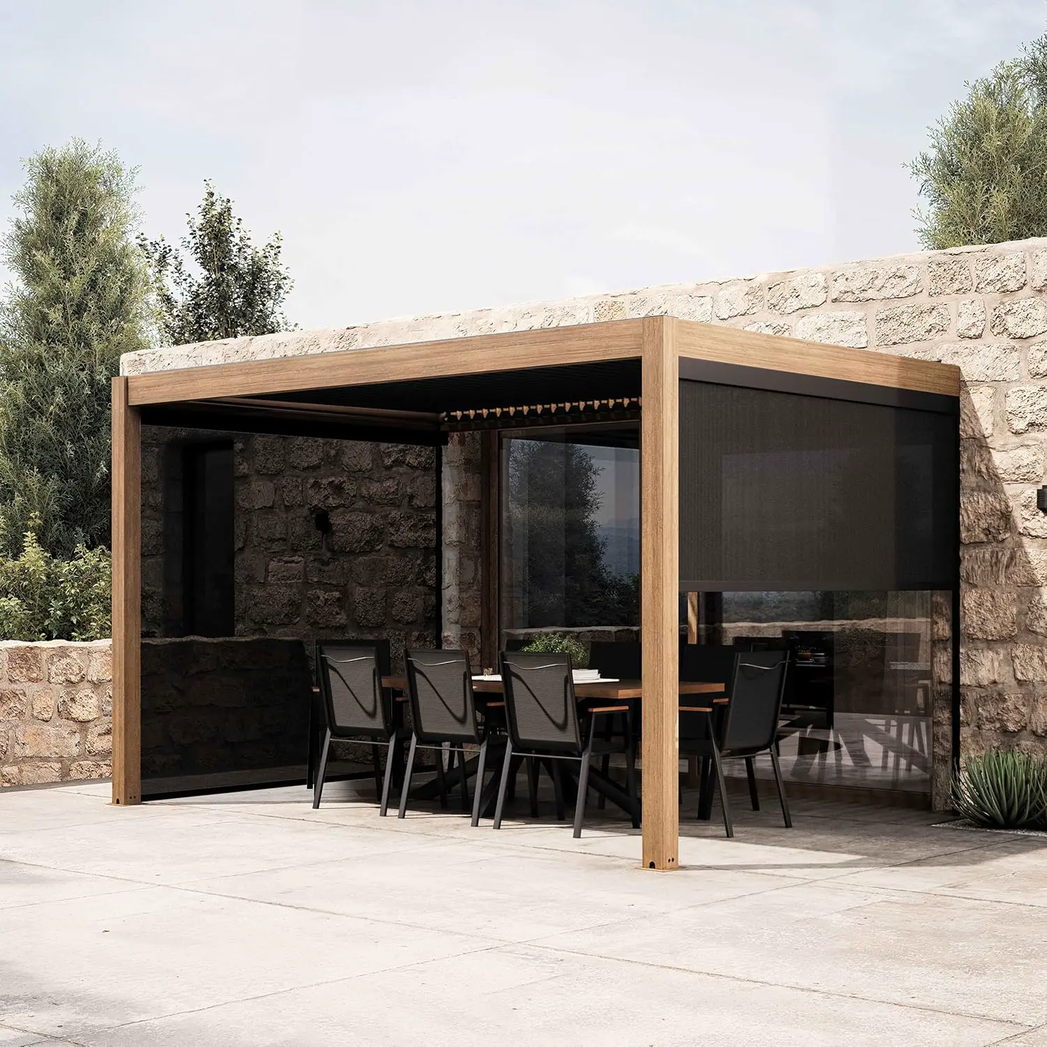 Pergola en bois gris 3x4 m adossée 2 stores vue 2