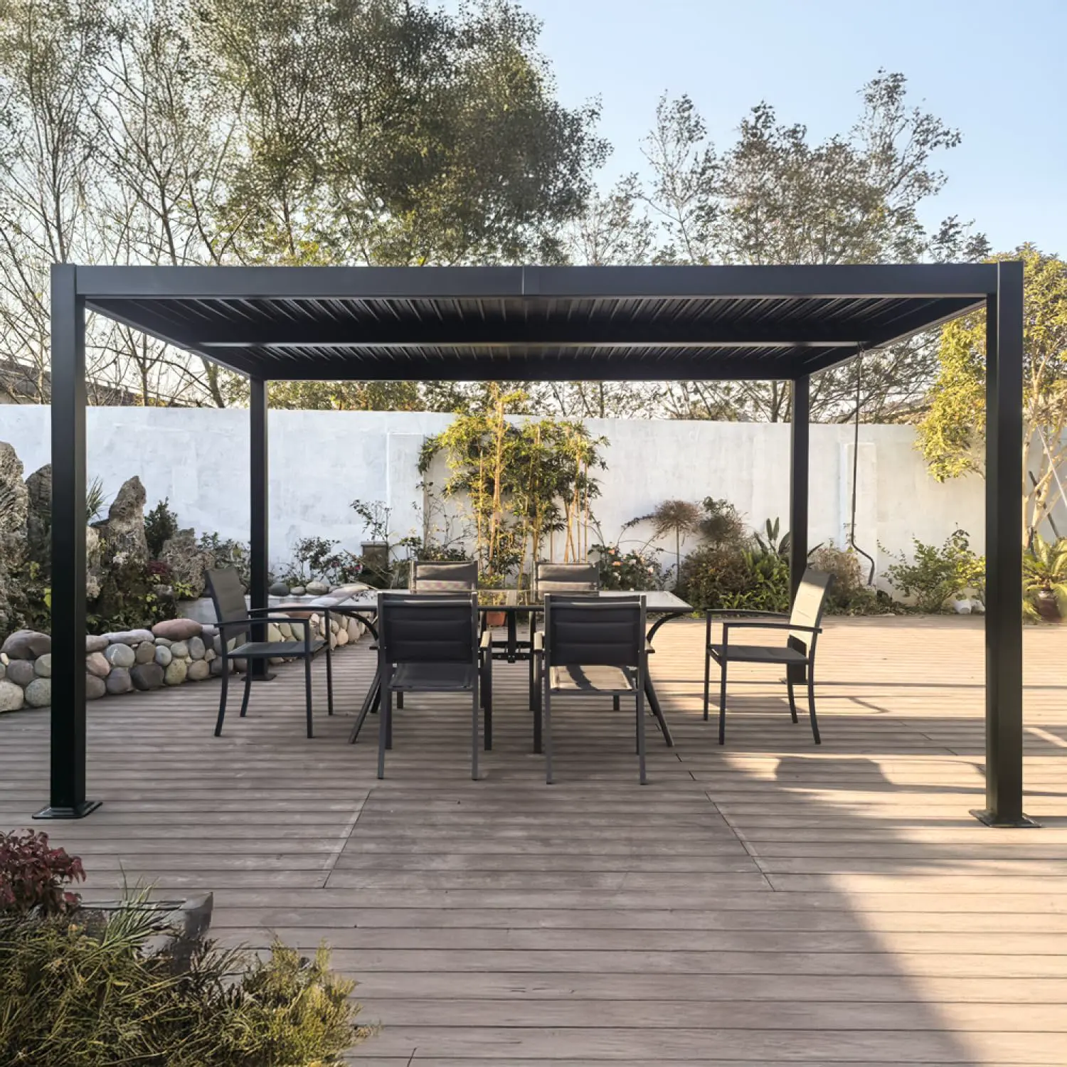 CONCEPT USINE Pergola Bioclimatique Aluminium 4x3 m Naxos Gris Anthracite | Lames Orientables en Aluminium | 12m² | Résistante aux intempéries | Toit Ajustable par Manivelle | Idéal Terrasse Jardin