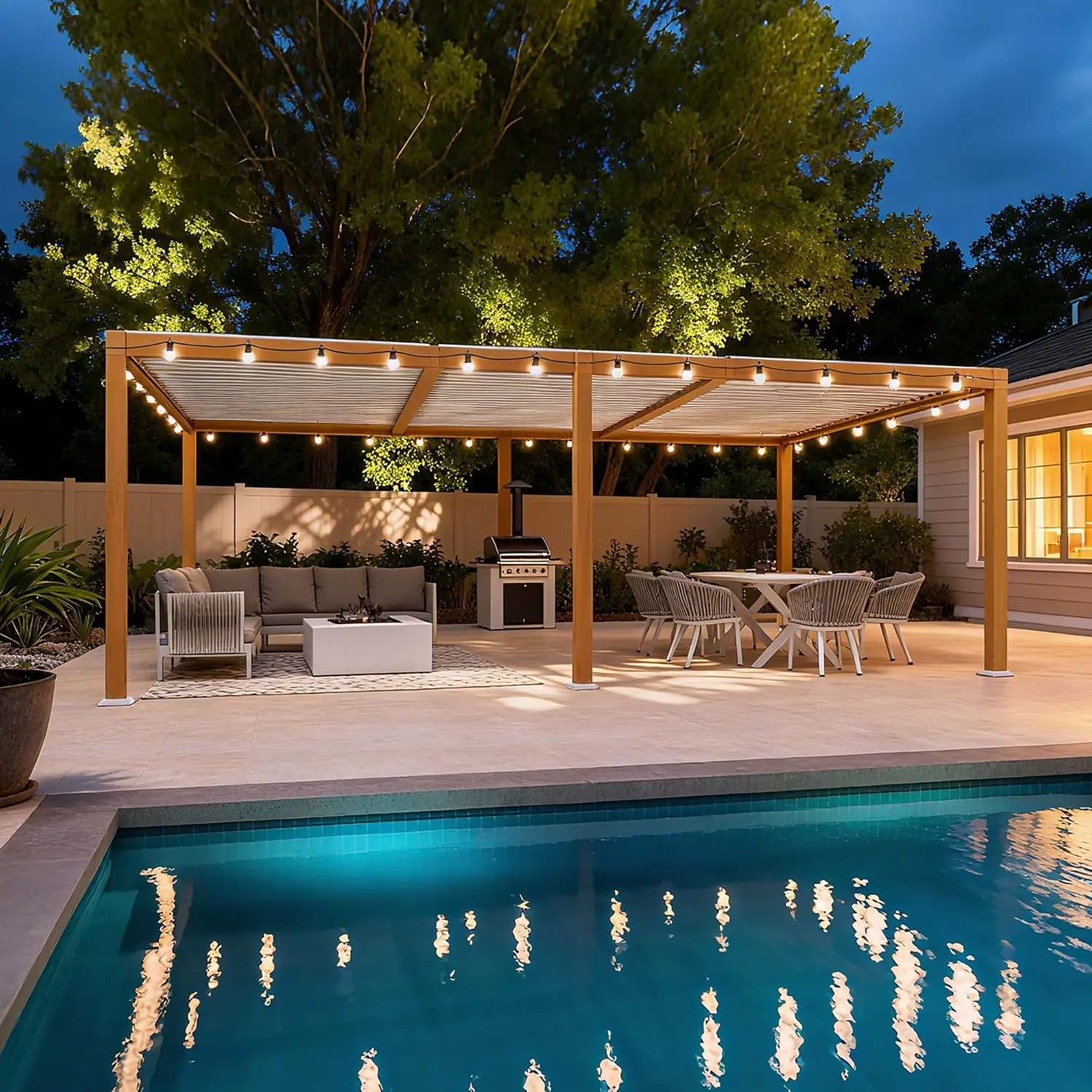 PURPLE LEAF Pergola Bioclimatique en Effet Bois Aluminium 3.5 x 6.35 m