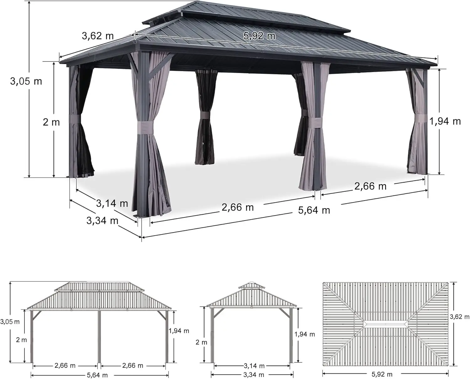 Pergola en aluminium gris 6x3,65 m vue 3