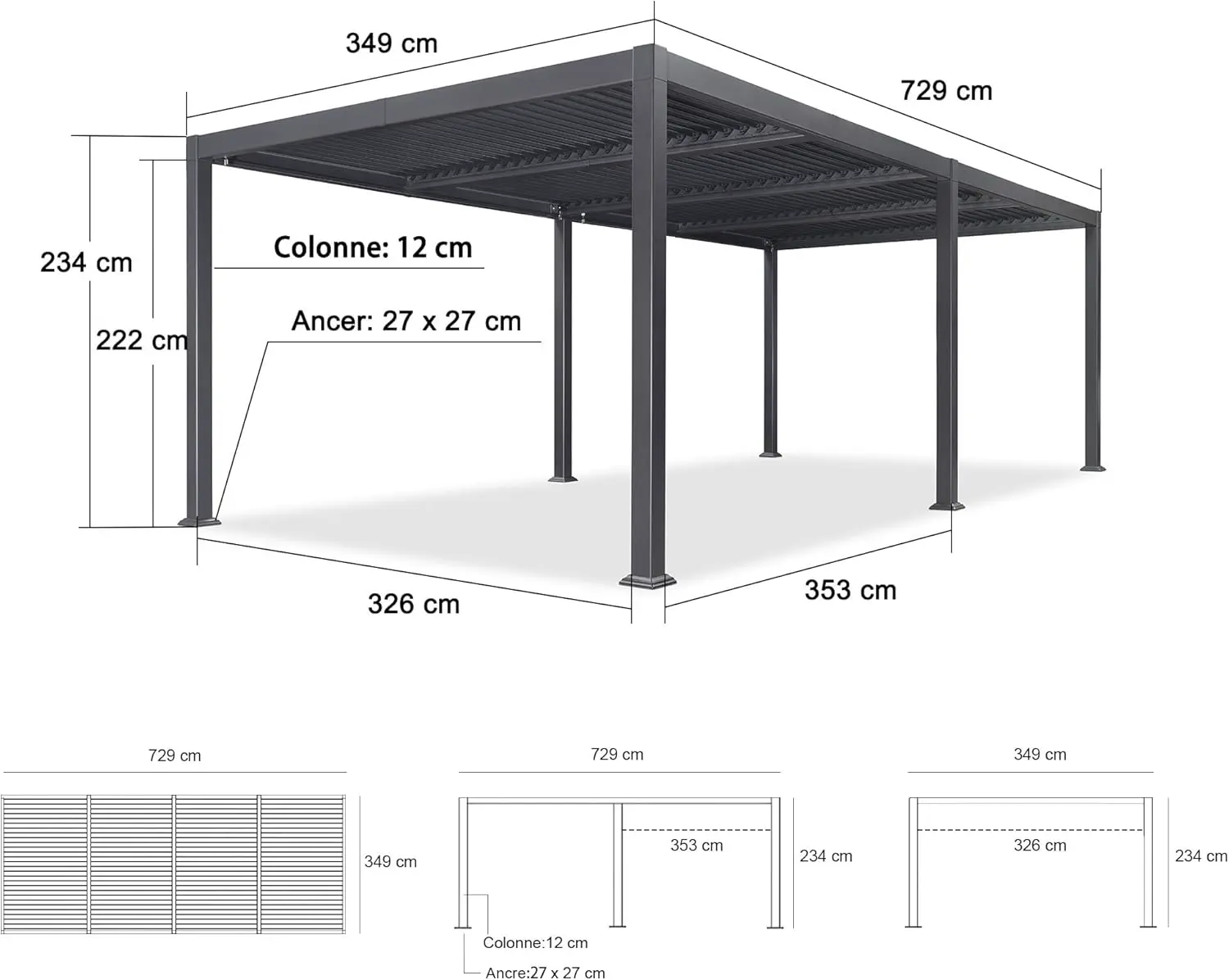 Pergola en aluminium gris 3,5x7,2 m vue 9