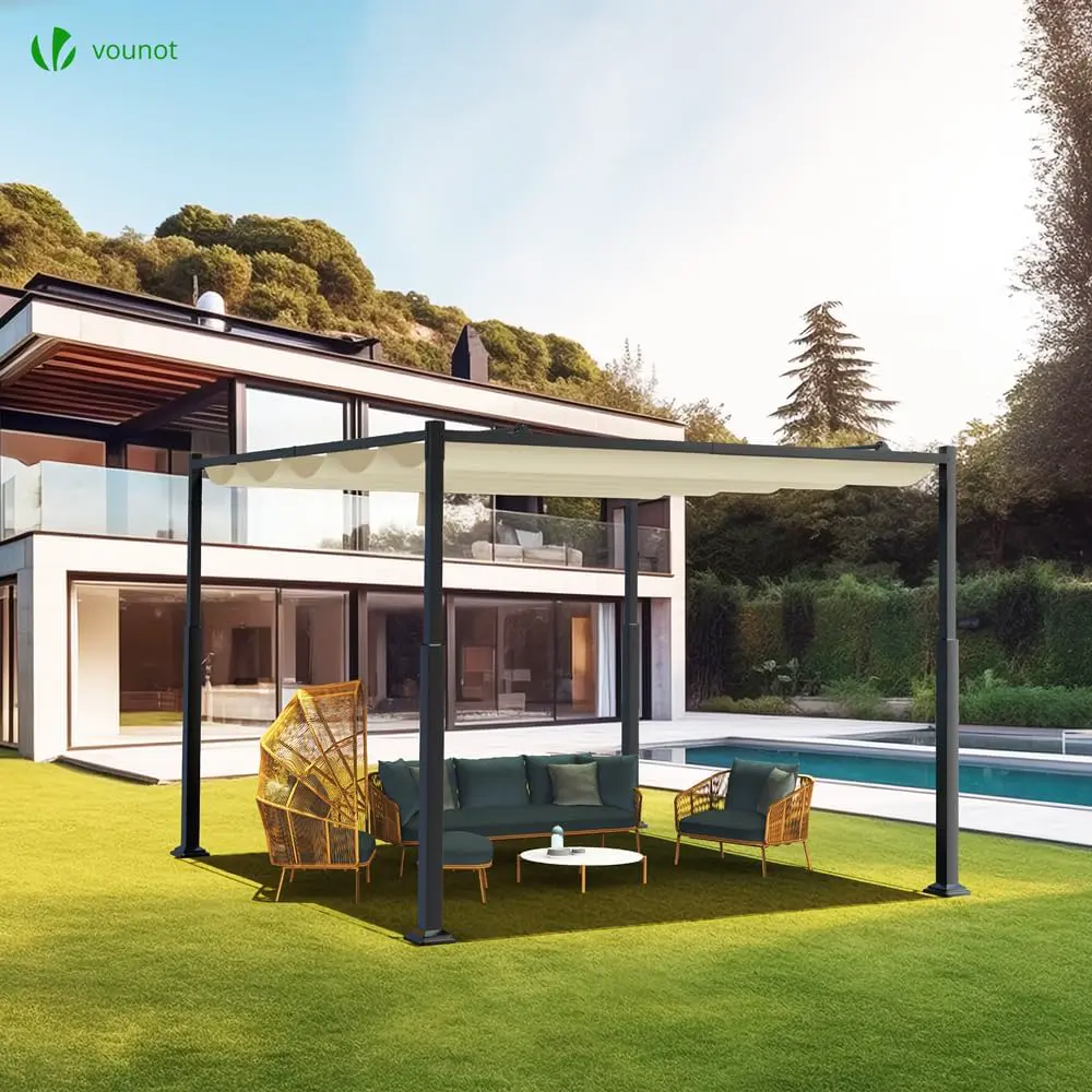VOUNOT® Pergola Rétractable Coulissante 3x3m Tonnelle de Jardin Abri