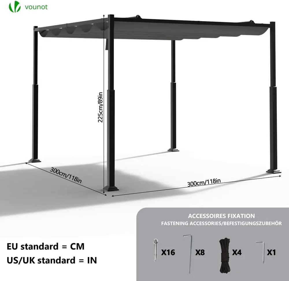 Tonnelle en métal gris 3x3 m rétractable vue 3