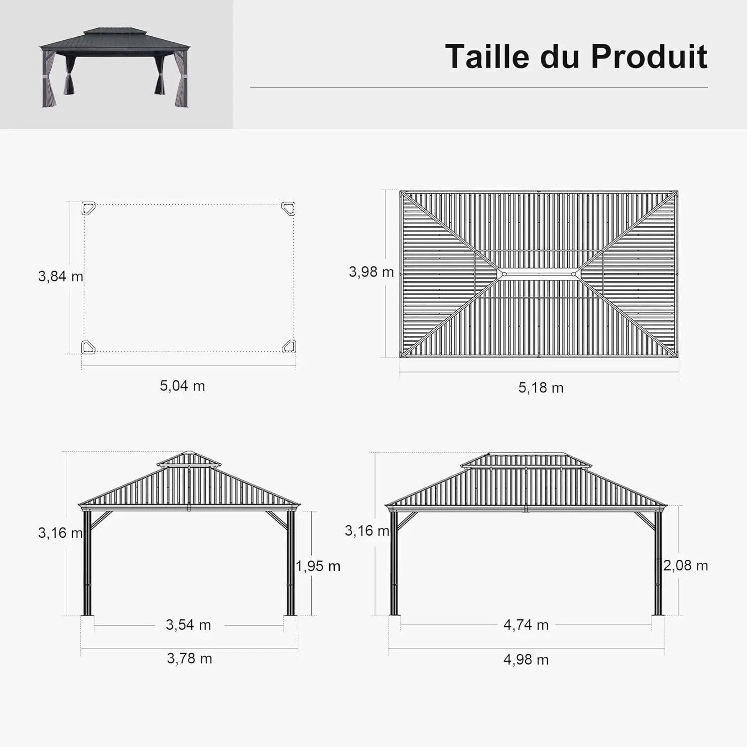 Pergola en aluminium gris 5,2x4 m vue 2