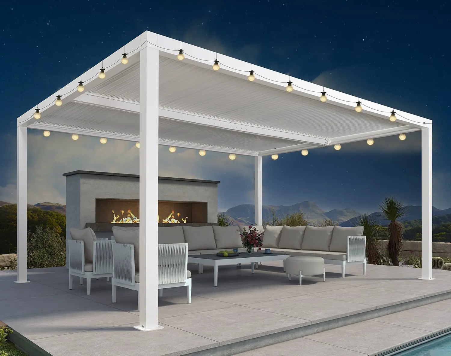 Pergola bioclimatique avec guirlandes lumineuses à DEL de 4,8 x 3,68 m – Lattes réglables en aluminium – Auvent de jardin – 17,66 m² – Blanc