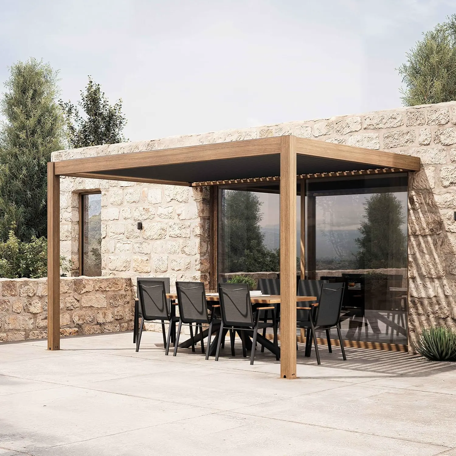 Oviala Pergola bioclimatique adossée 3x4m en Aluminium Bois Gris