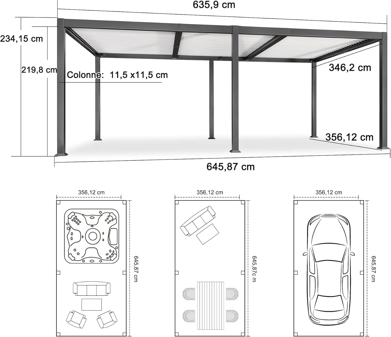 Pergola en aluminium gris 6,35x3,5 m vue 3
