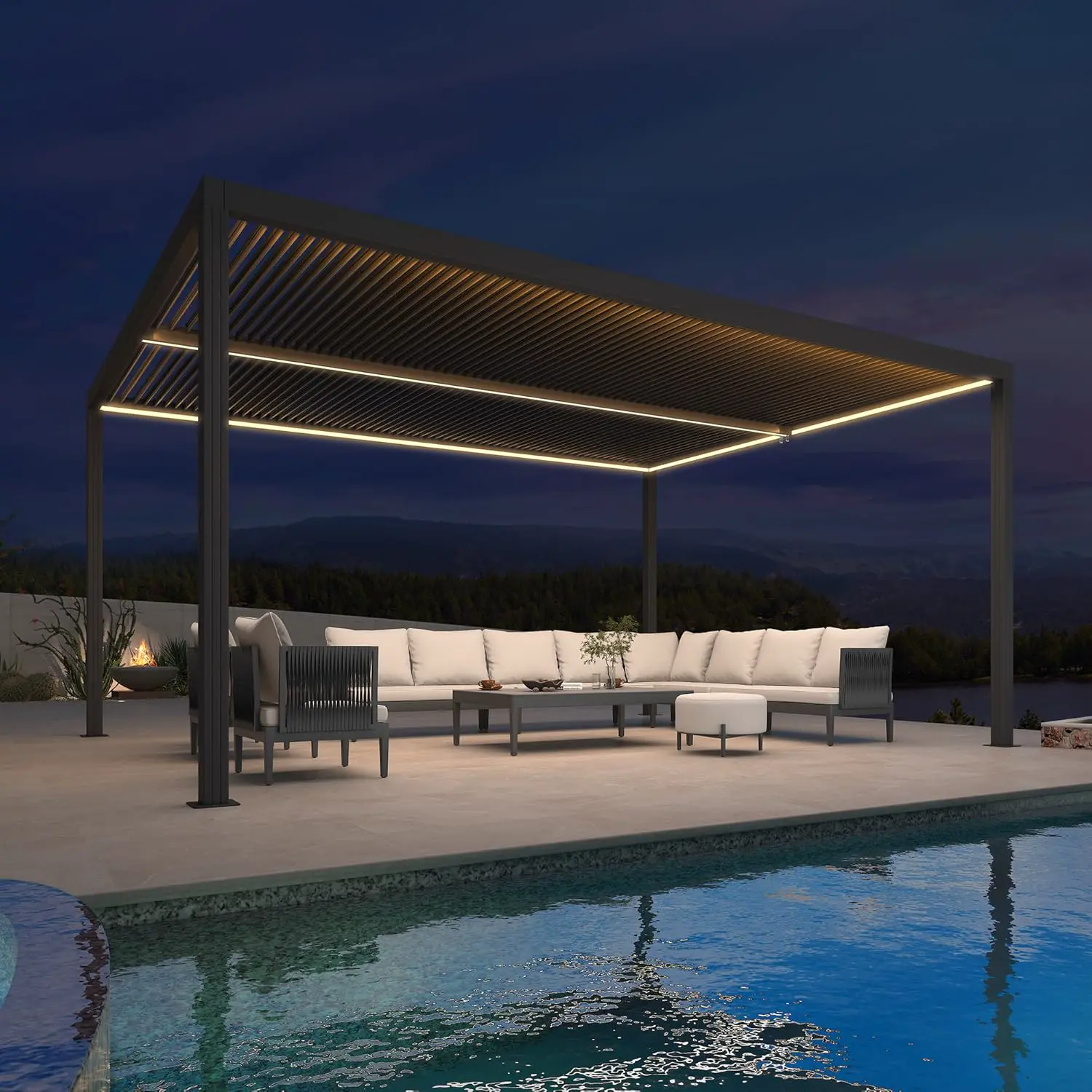 Pergola bioclimatique 4,8 x 3,68 m – Auvent de terrasse extérieur en aluminium avec lumières DEL et lattes réglables – Auvent de jardin imperméable pour terrasse et abri d'auto (gris)