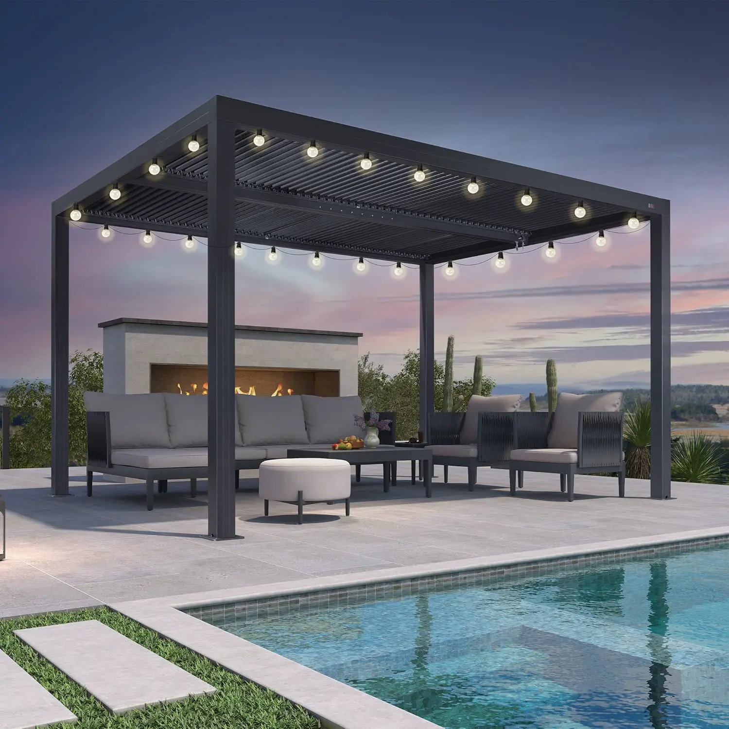 Pergola bioclimatique avec guirlande lumineuse LED 4 x 3,3 m – Lattes réglables en aluminium – 13,2 m² – Auvent de jardin ou de terrasse – Gris – Parfait pour les espaces extérieurs