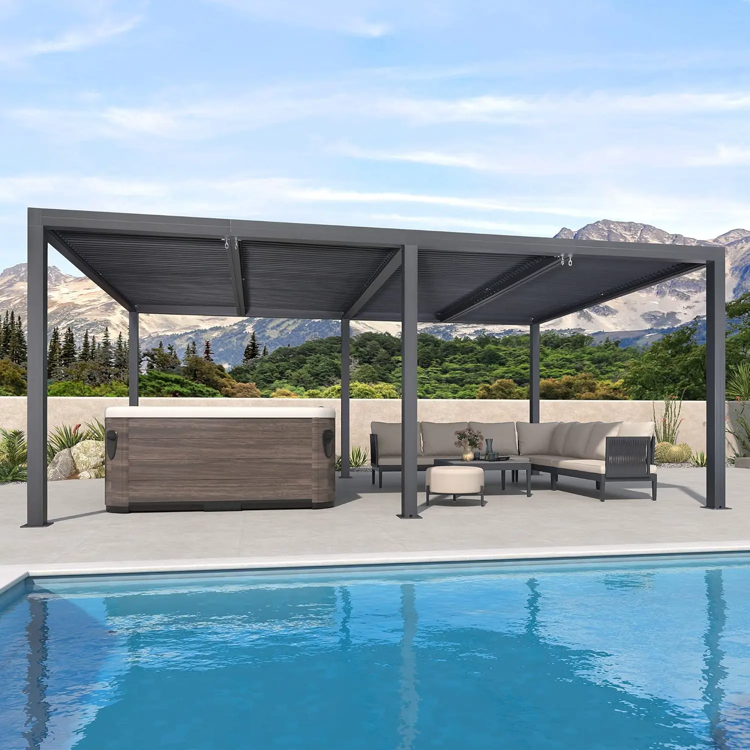 Pergola bioclimatique 7,39 x 3,68 m - Lattes réglables en aluminium - 27,19 m² - Auvent de jardin gris - Auvent de terrasse et terrasse - Parfait pour les espaces de vie extérieurs.