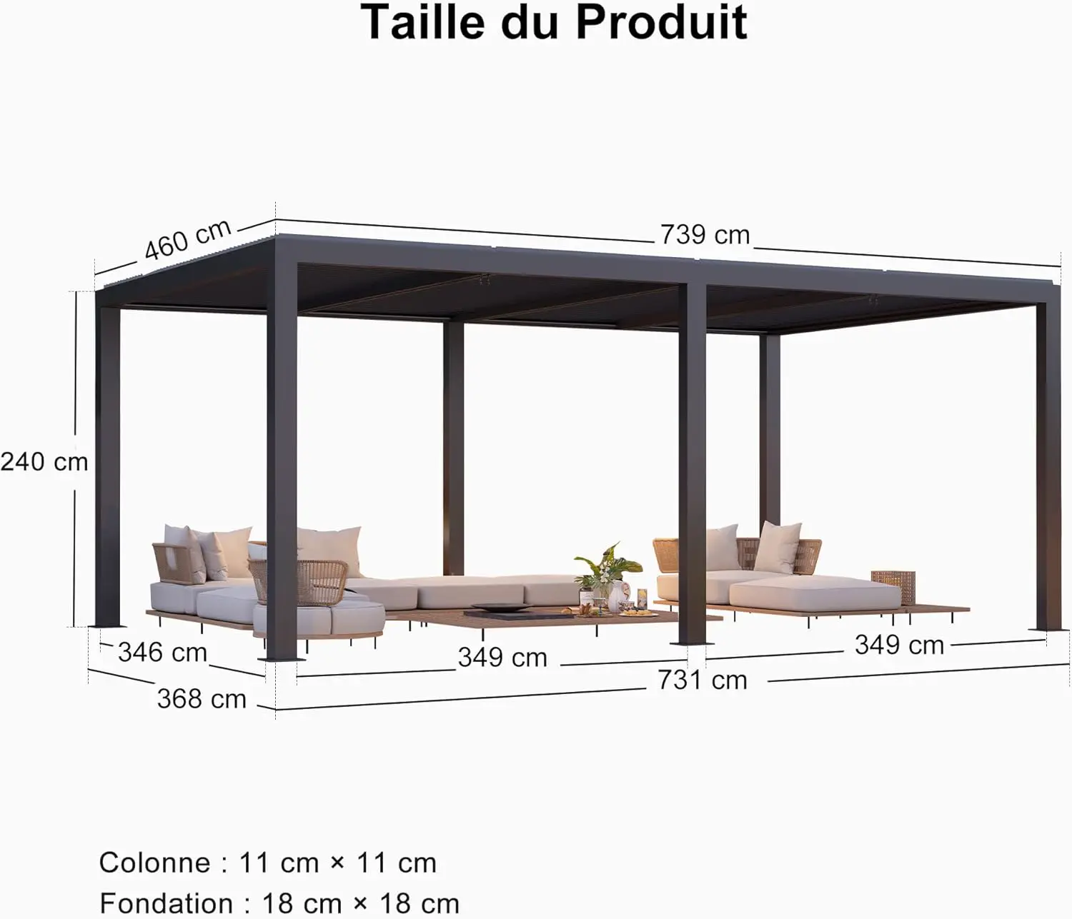 Pergola en aluminium gris 7,39x3,68 m vue 3