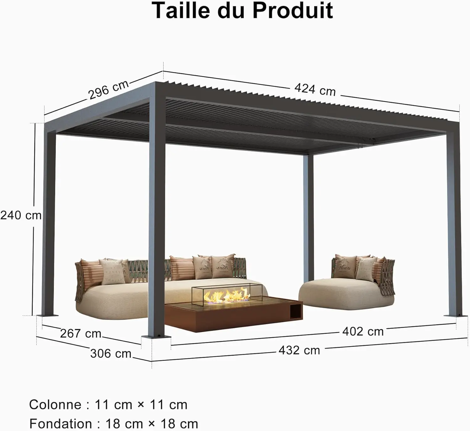 Pergola en aluminium gris 4,24x3 m vue 3