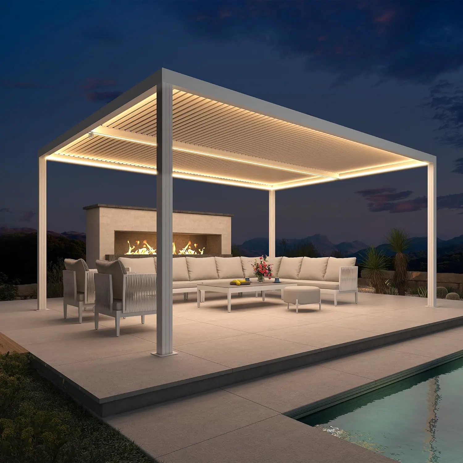 Pergola bioclimatique 4,8 x 3,68 m – Auvent de jardin imperméable en aluminium avec bande lumineuse LED et lattes réglables à persiennes parfaites pour terrasse extérieure et abri d'auto Couleur