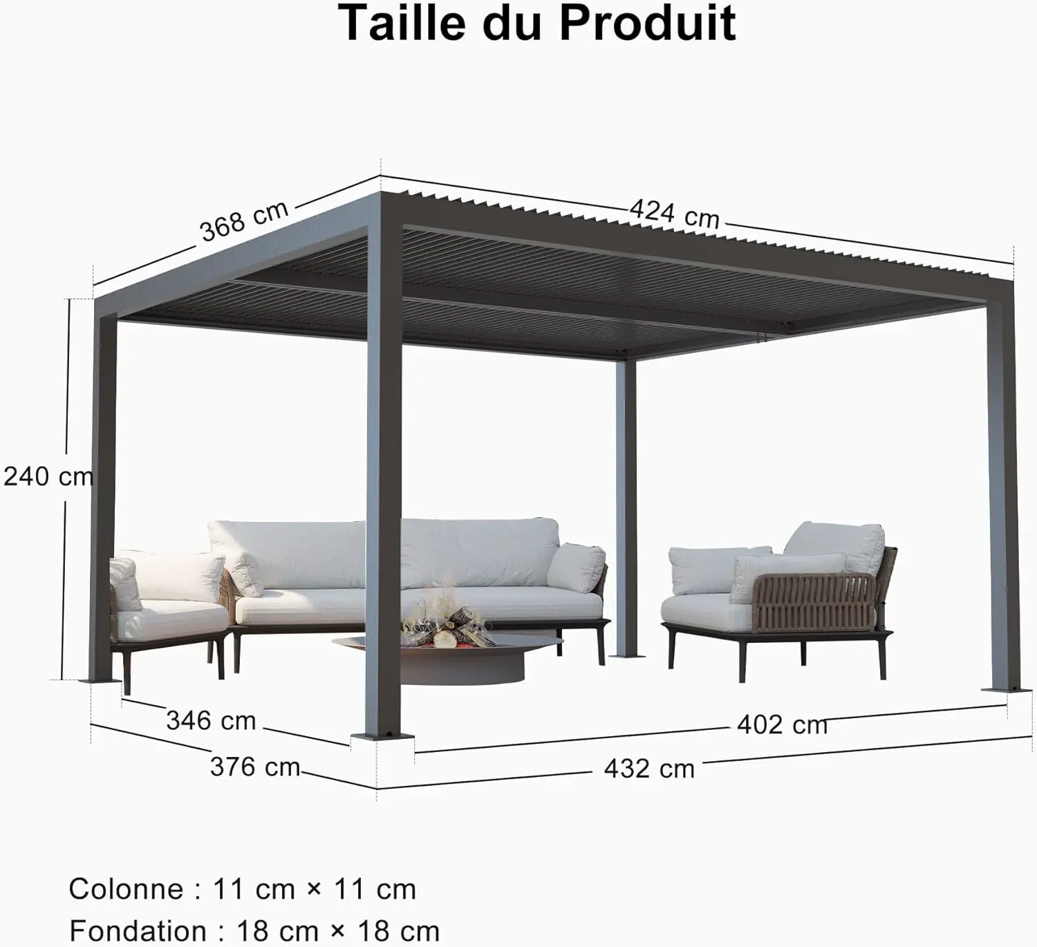 Pergola en aluminium gris 4,24x3,68 m vue 3