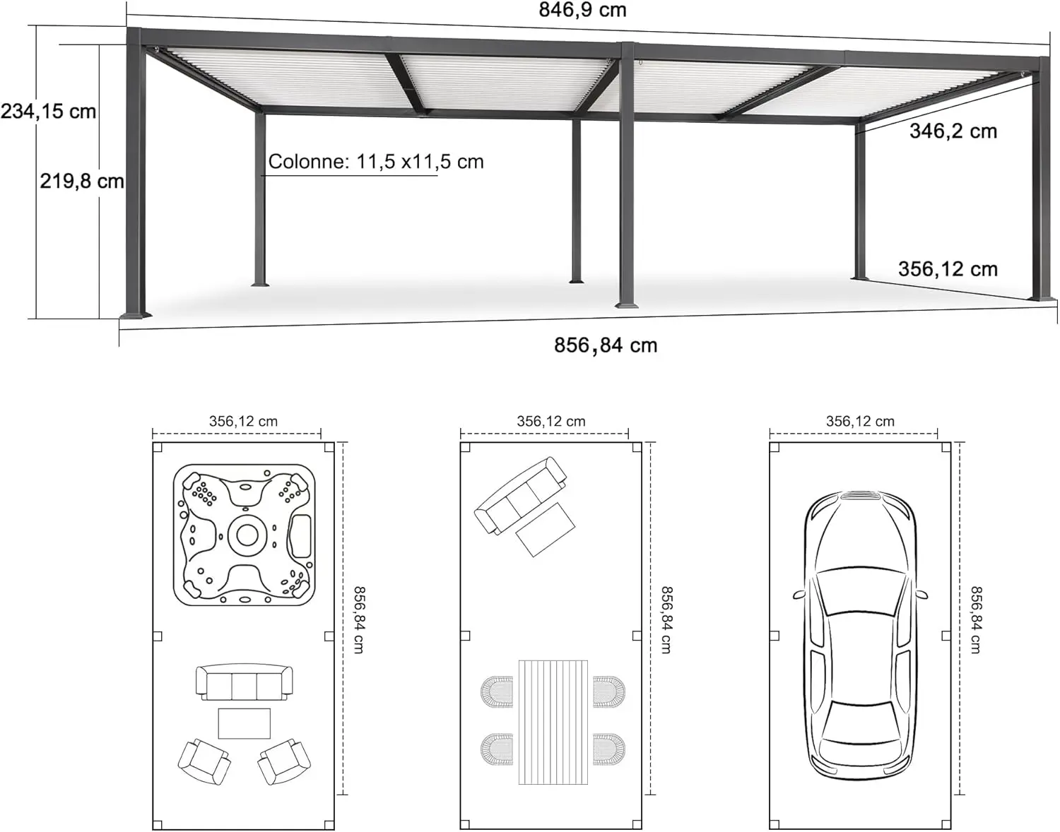 Pergola en aluminium gris 8,5x3,5 m vue 3