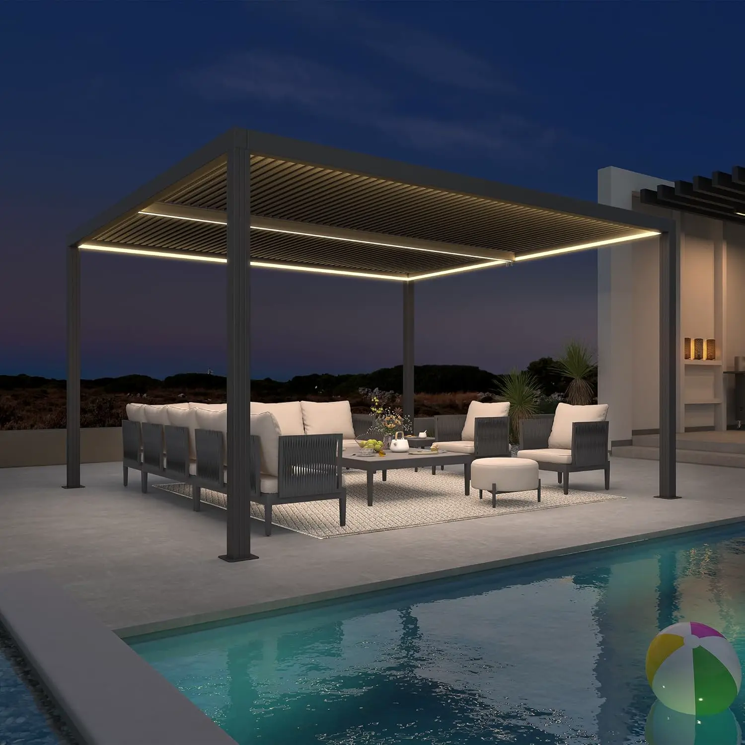 Pergola bioclimatique 4,24 x 3,68 m – Auvent de jardin imperméable en aluminium avec lumières DEL et lattes réglables pour terrasse et abri d'auto élégant gris