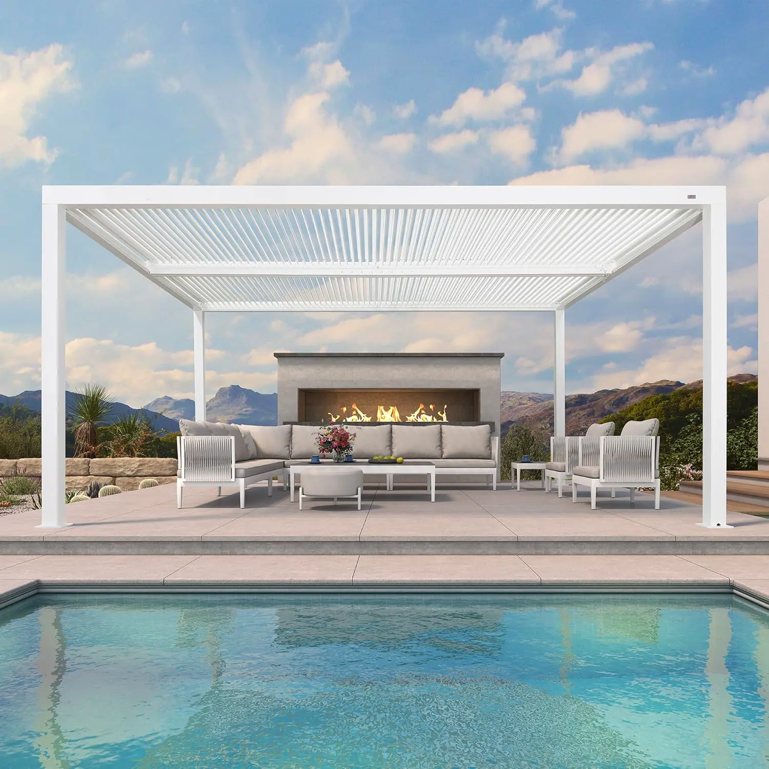 Pergola bioclimatique 4,8 x 3,68 m - Lattes réglables en aluminium - 17,66 m² - Auvent de jardin - Blanc - Pour terrasse - Structure extérieure moderne
