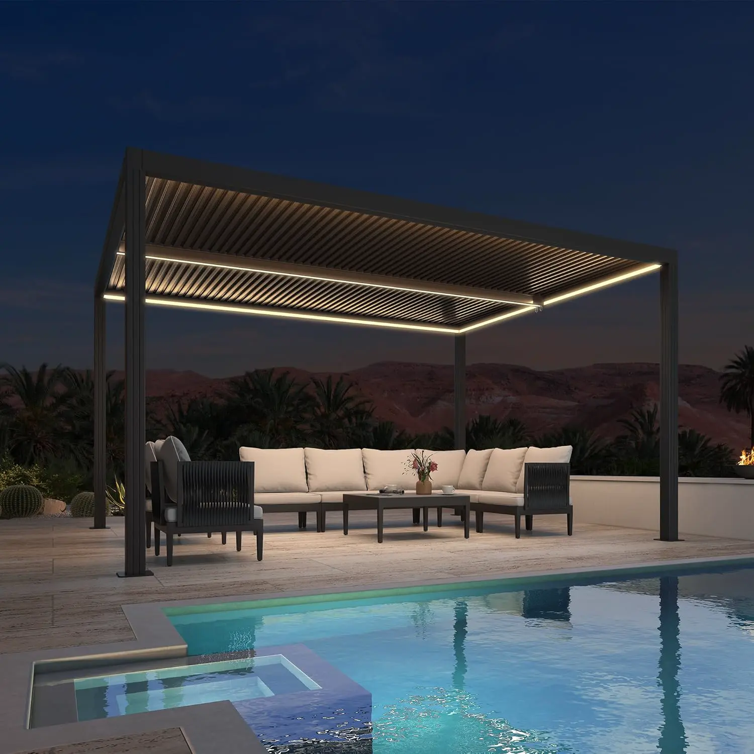 Pergola bioclimatique 4,24 x 3 m – Auvent de jardin imperméable en aluminium avec lattes réglables et bande lumineuse à DEL pour extérieur, patio, abri d'auto et terrasse – Gris