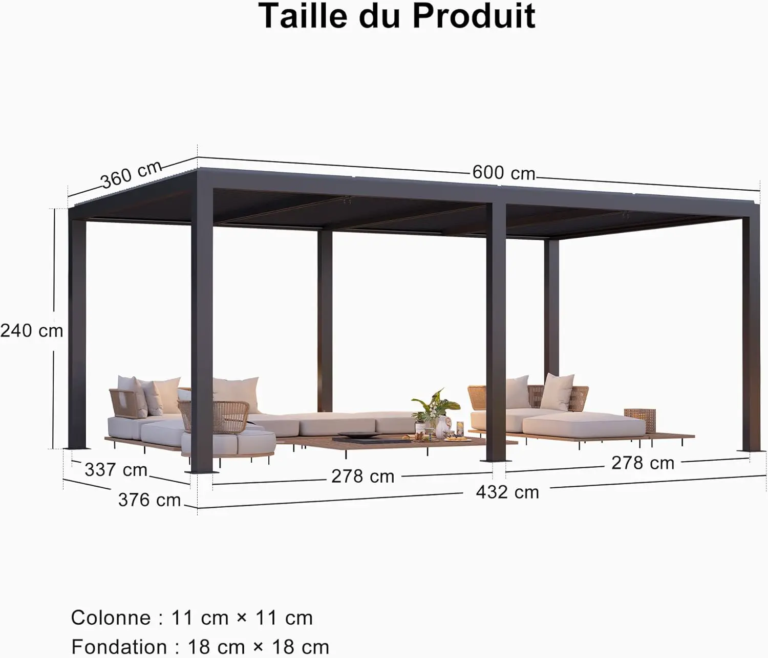 Pergola en aluminium gris 6x3,68 m vue 3
