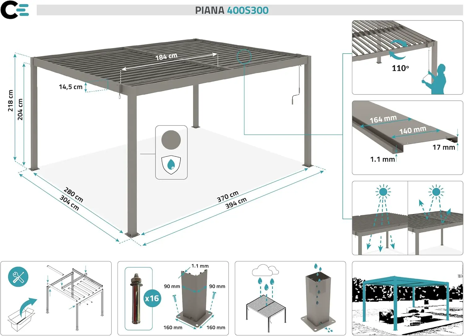 Pergola en aluminium taupe 4x3 m autoportée vue 2