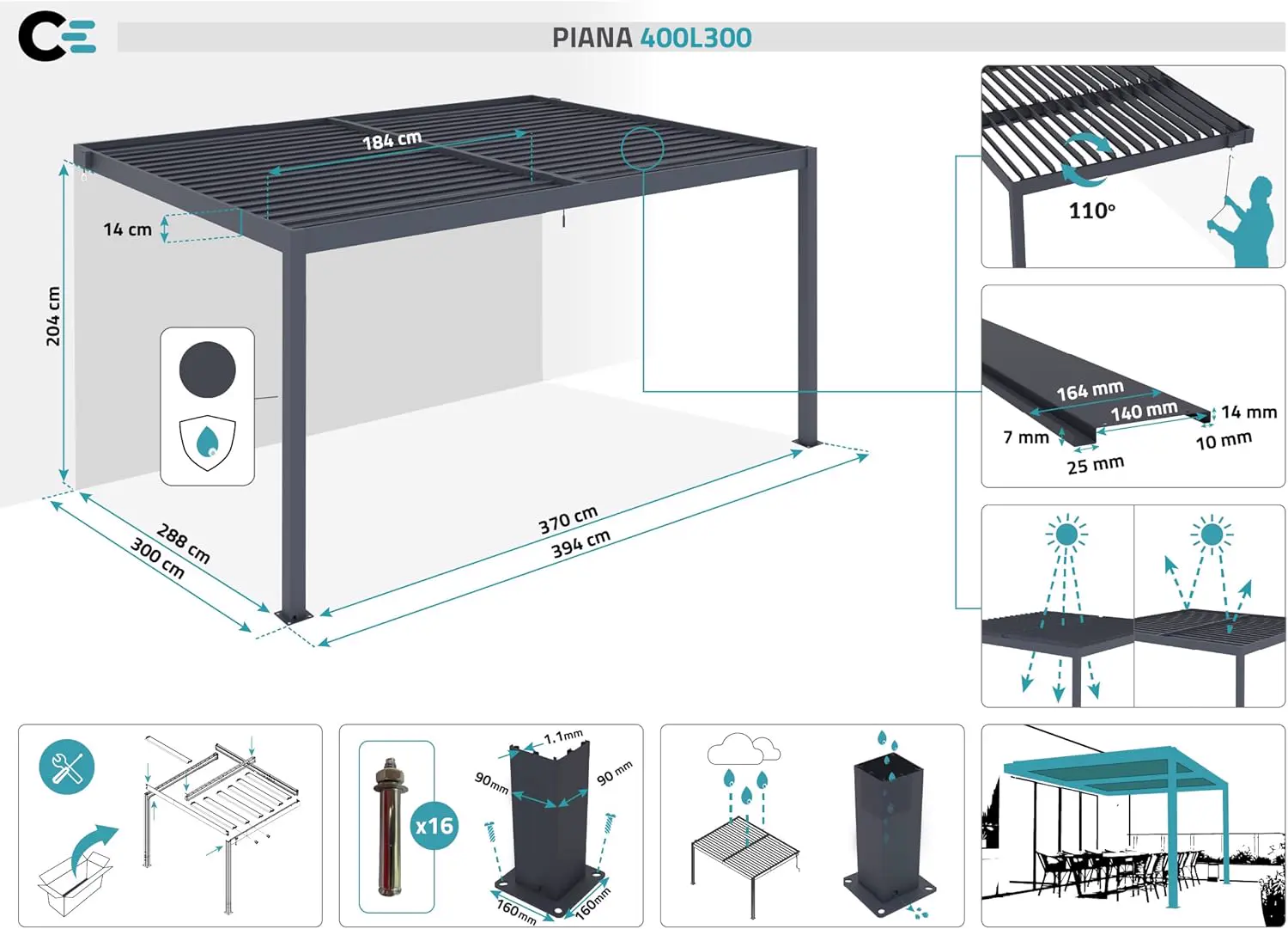 Pergola en aluminium gris 4x3 m adossée vue 2