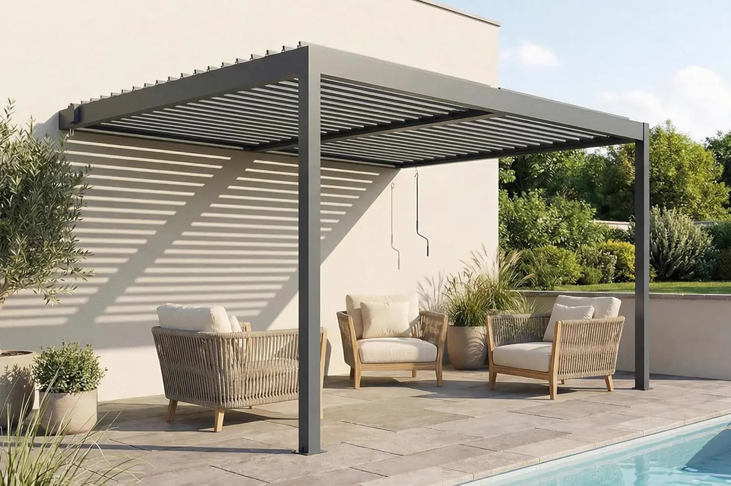 Pergola en aluminium gris 4x3 m adossée vue 6
