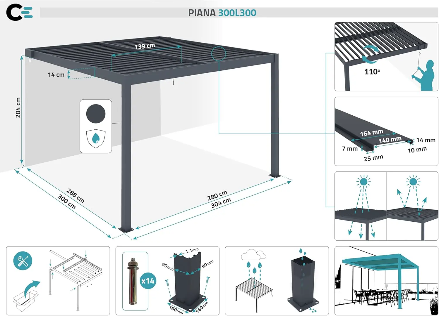 Pergola en aluminium gris 3x3 m adossée vue 2
