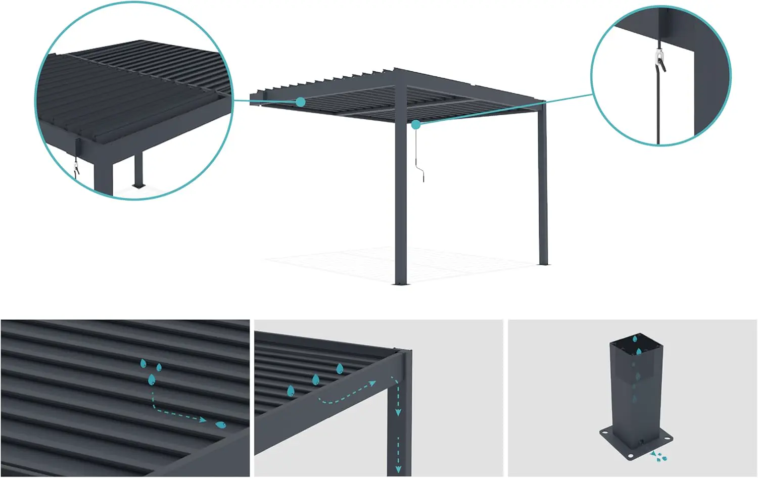 Pergola en aluminium gris 3x3 m adossée vue 6