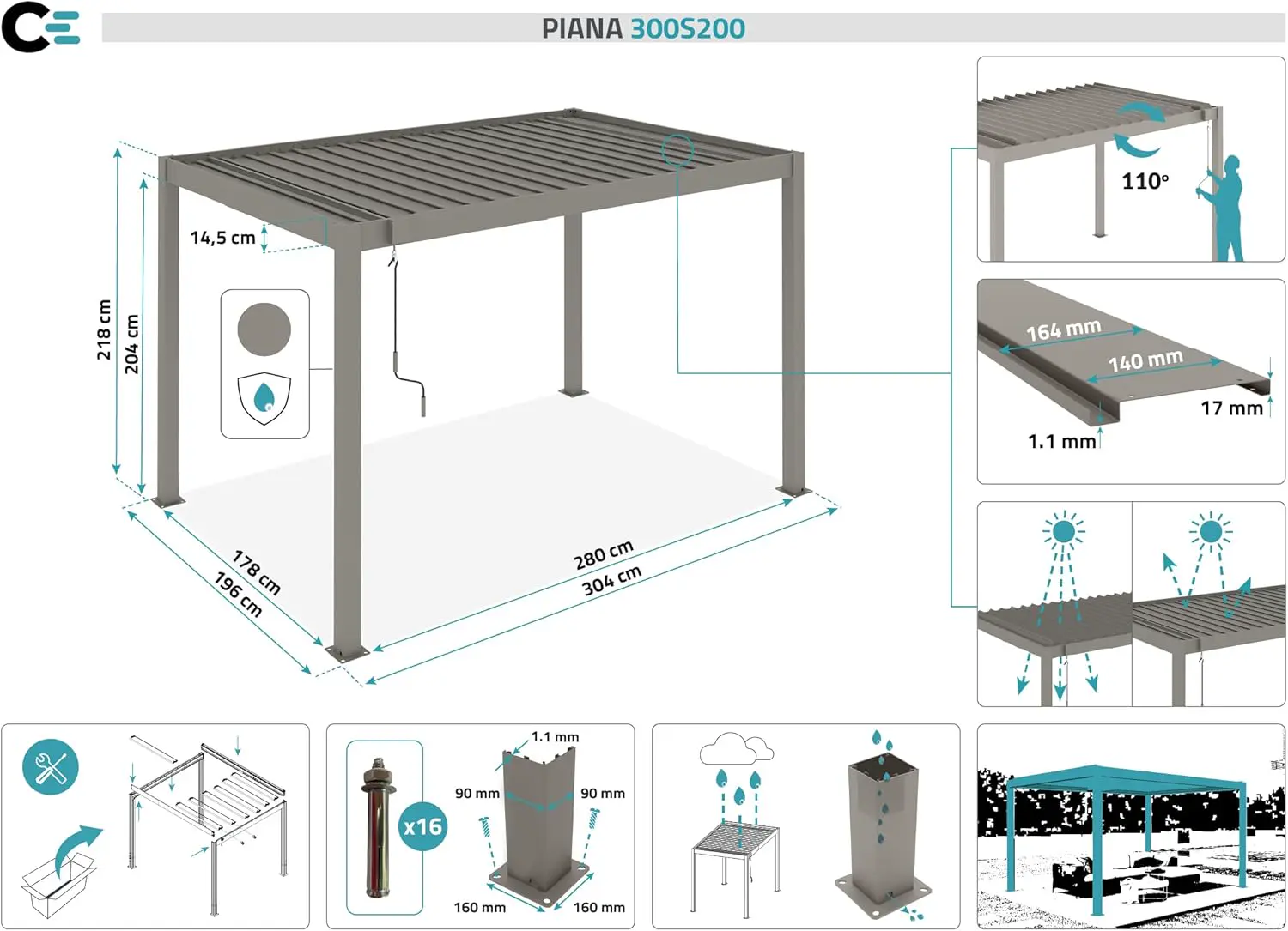 Pergola en aluminium taupe 3x2 m autoportée vue 2