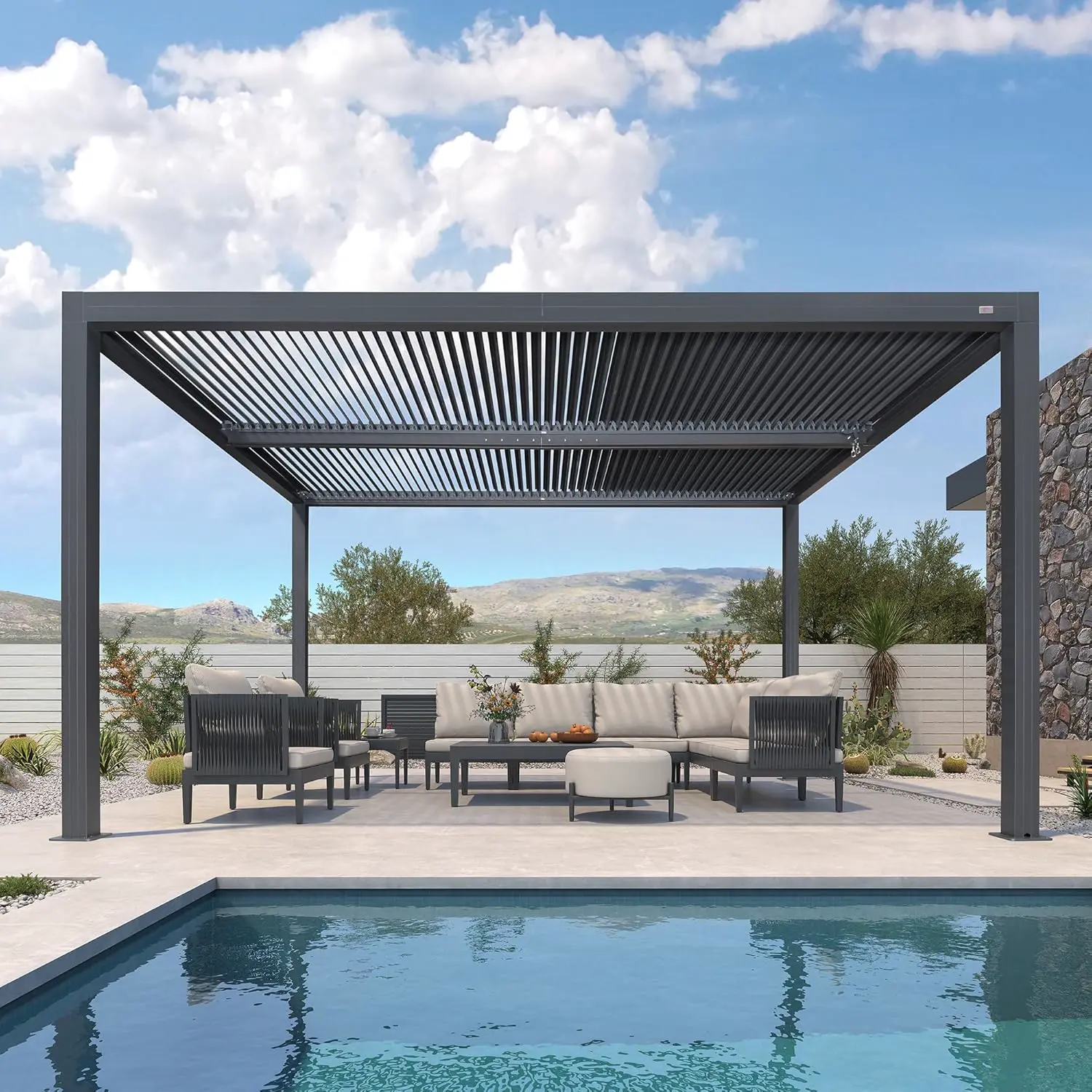 Pergola bioclimatique réglable 4,6 x 3 cm en aluminium avec lattes réglables 15,18 m² Auvent de jardin pour patio et terrasse Gris Pavillon extérieur pour arrière-cour
