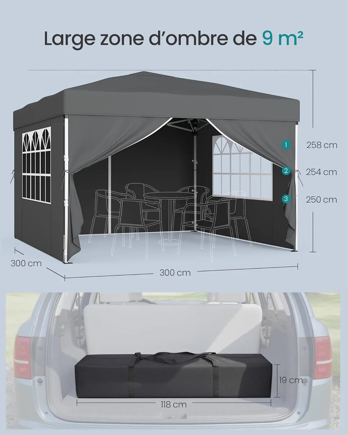 Tonnelle gris 3x3 m vue 5