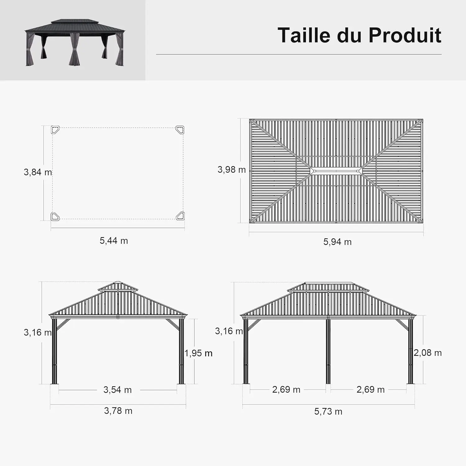 Pergola en aluminium gris 6x4 m vue 4