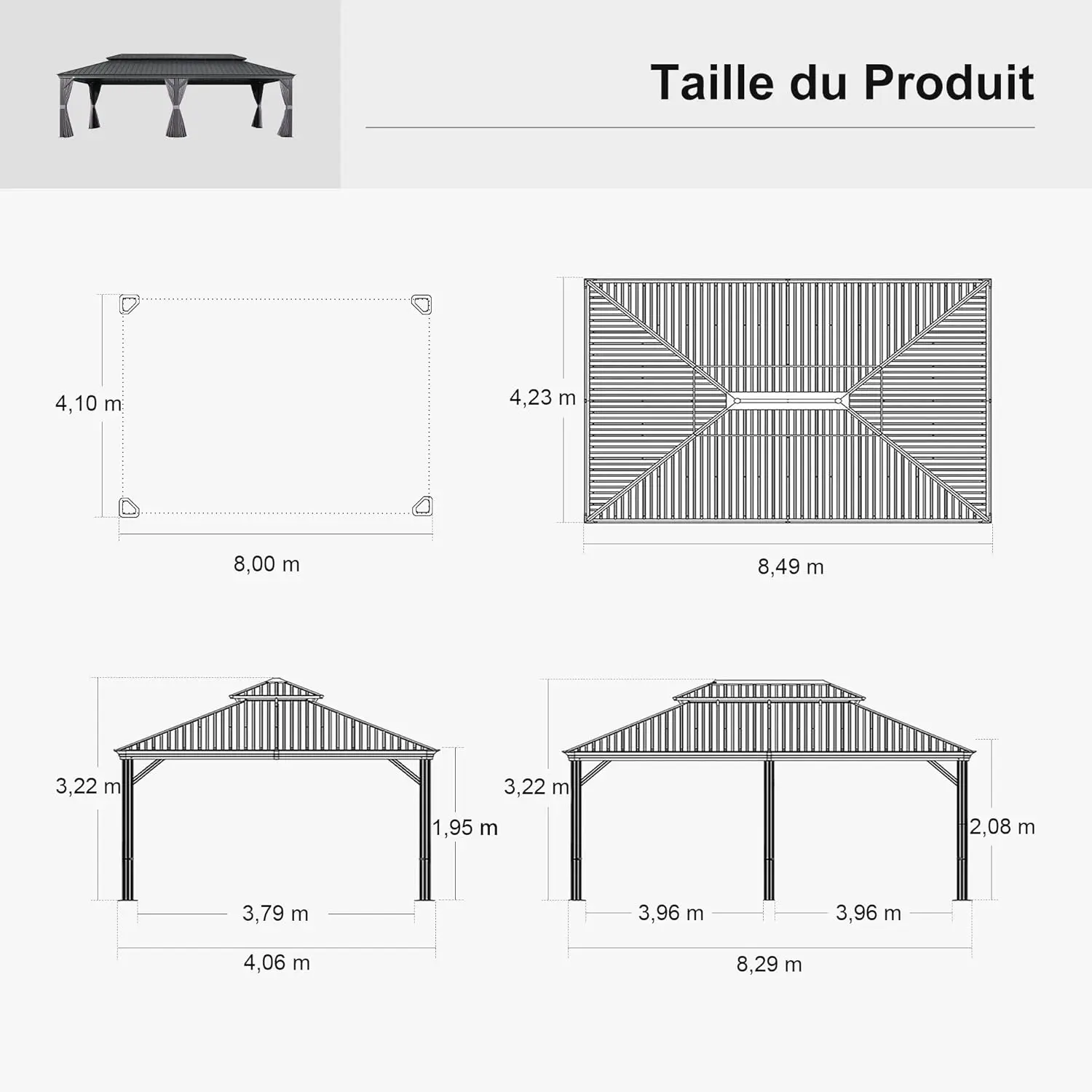 Pergola en aluminium gris 8,5x4,25 m vue 3
