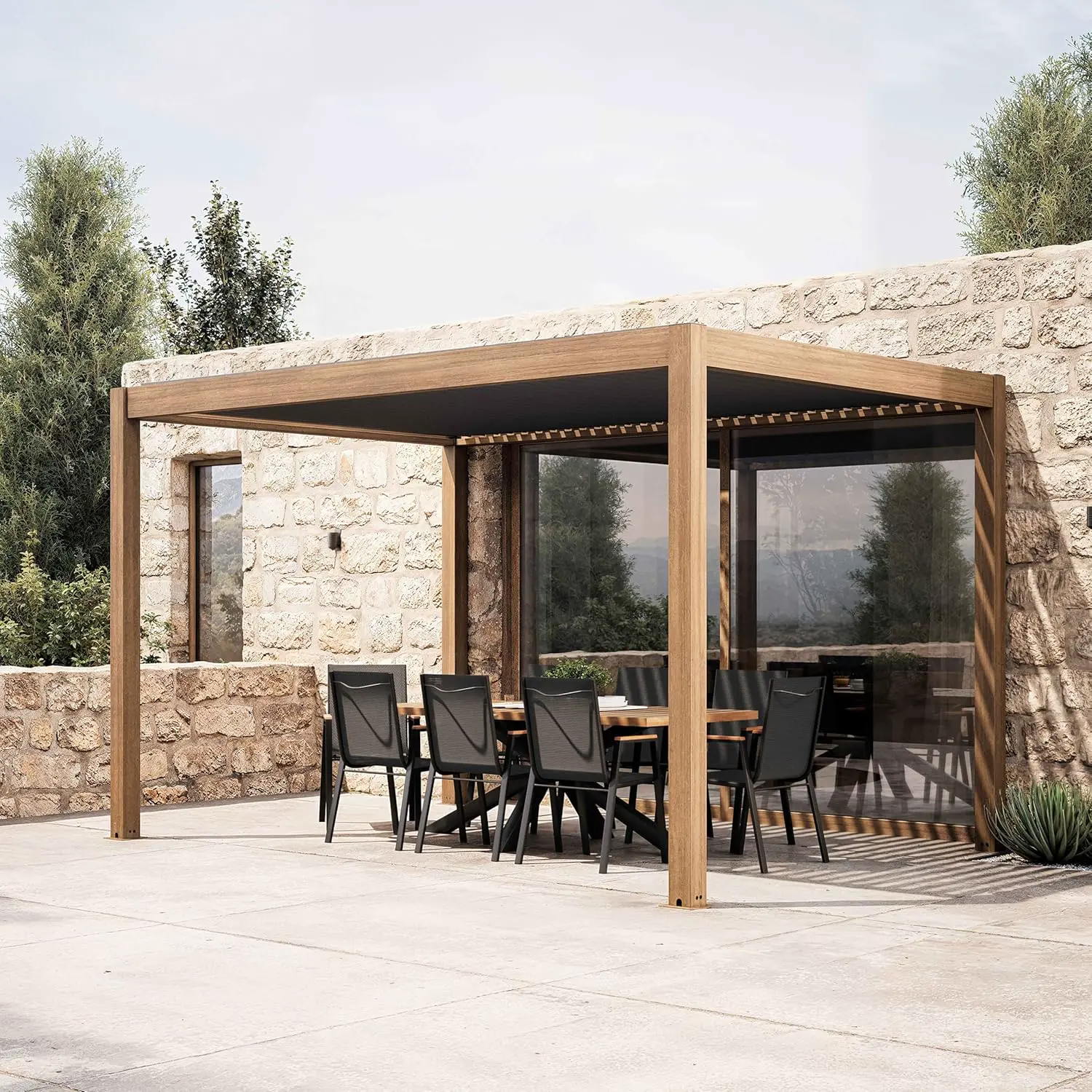 Pergola en aluminium gris 3x4 m autoportée motorisée vue 3