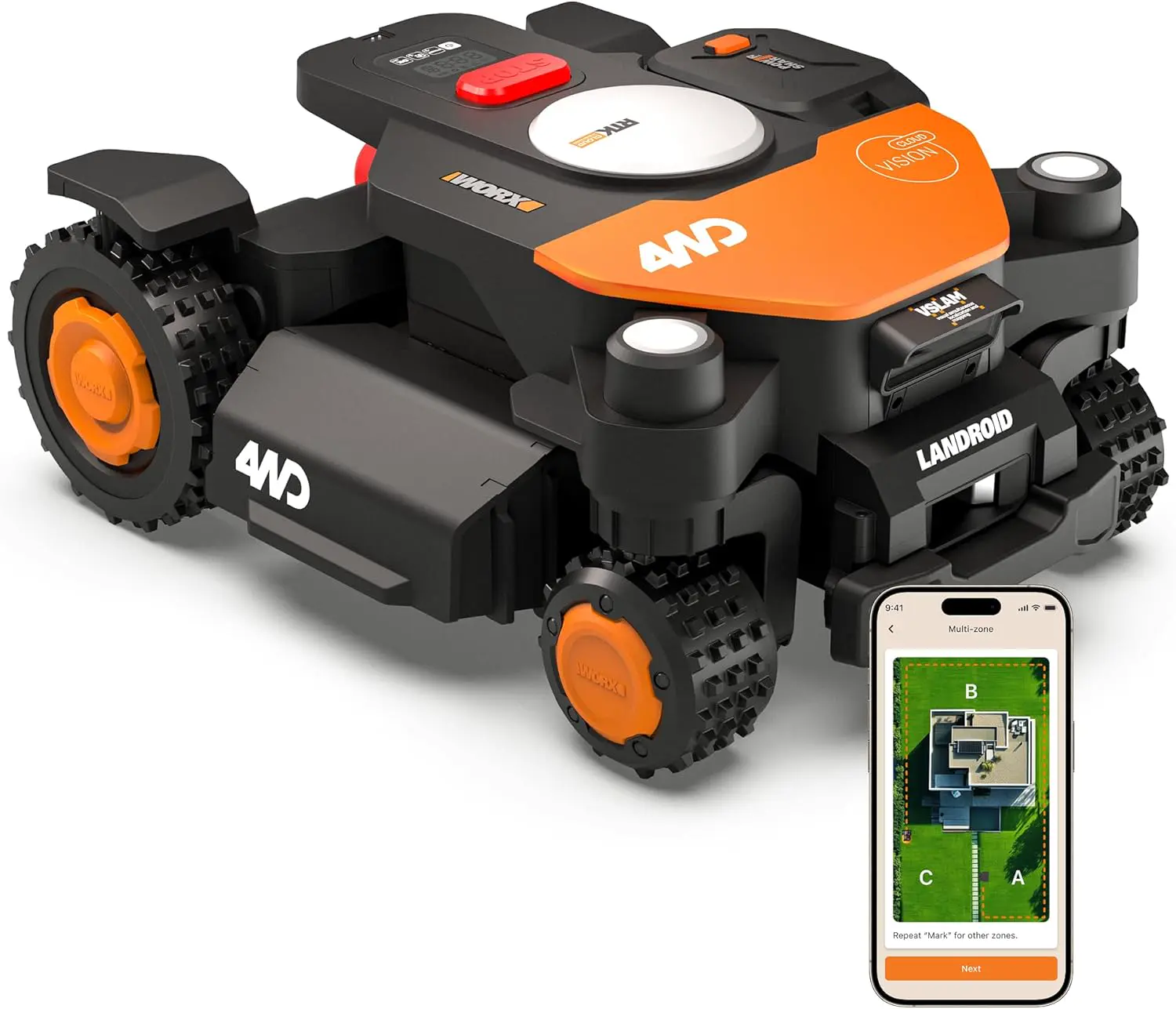 Robot tondeuse en métal noir vue 1