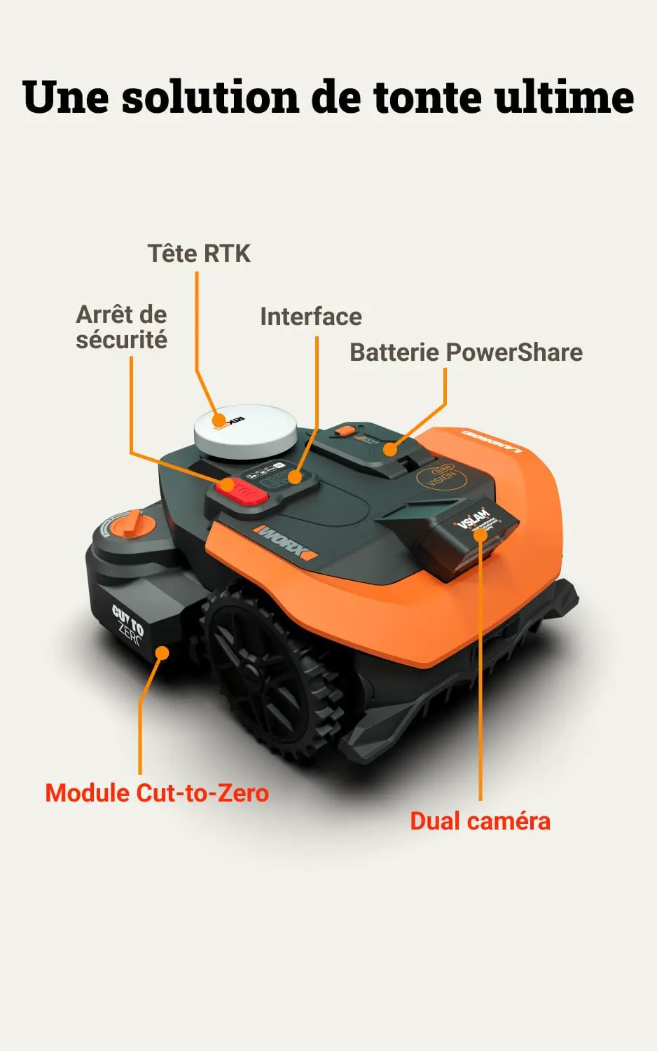 Robot tondeuse en métal orange vue 7