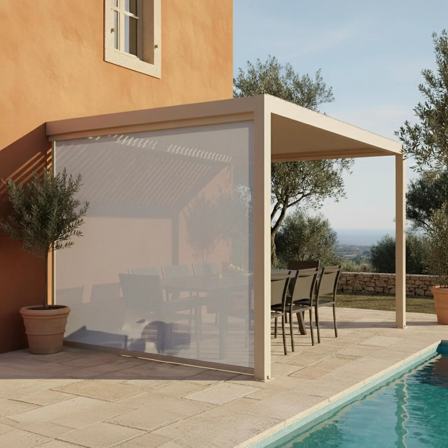 Pergola en aluminium crème 3x4 m adossée 1 store vue 2