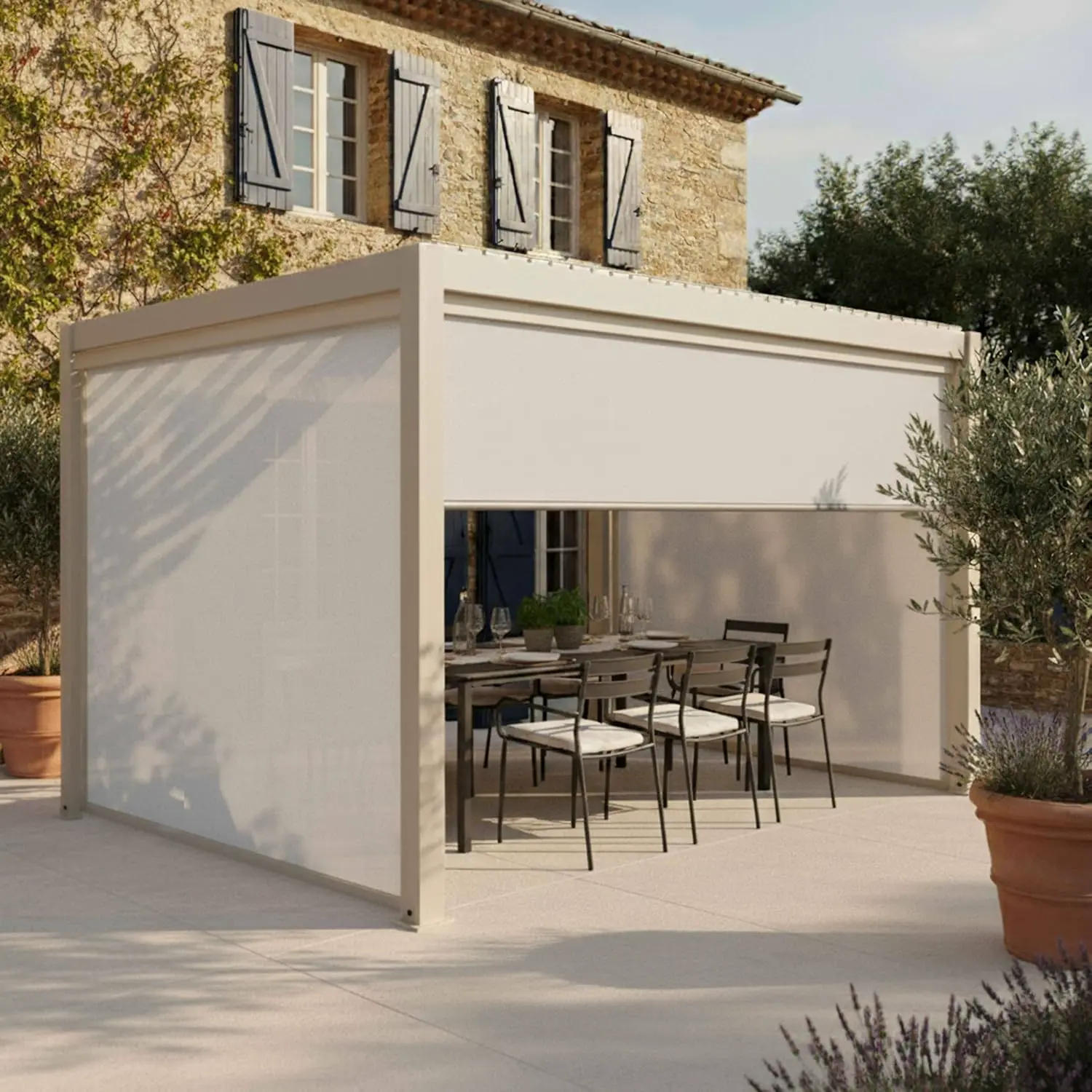 Pergola en aluminium crème 3x4 m autoportée 3 stores vue 2
