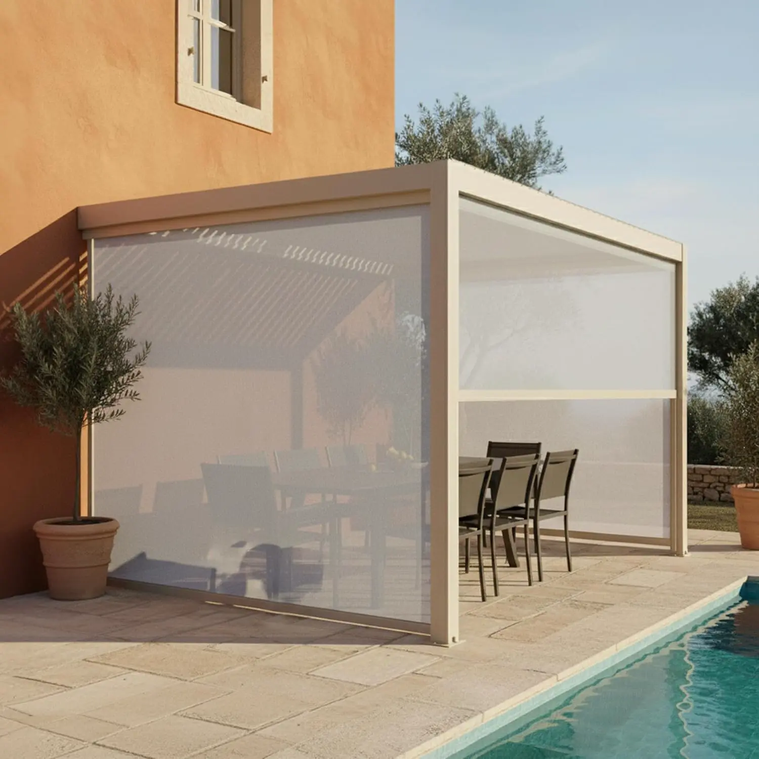 Pergola en aluminium 3x4 m adossée 3 stores vue 2