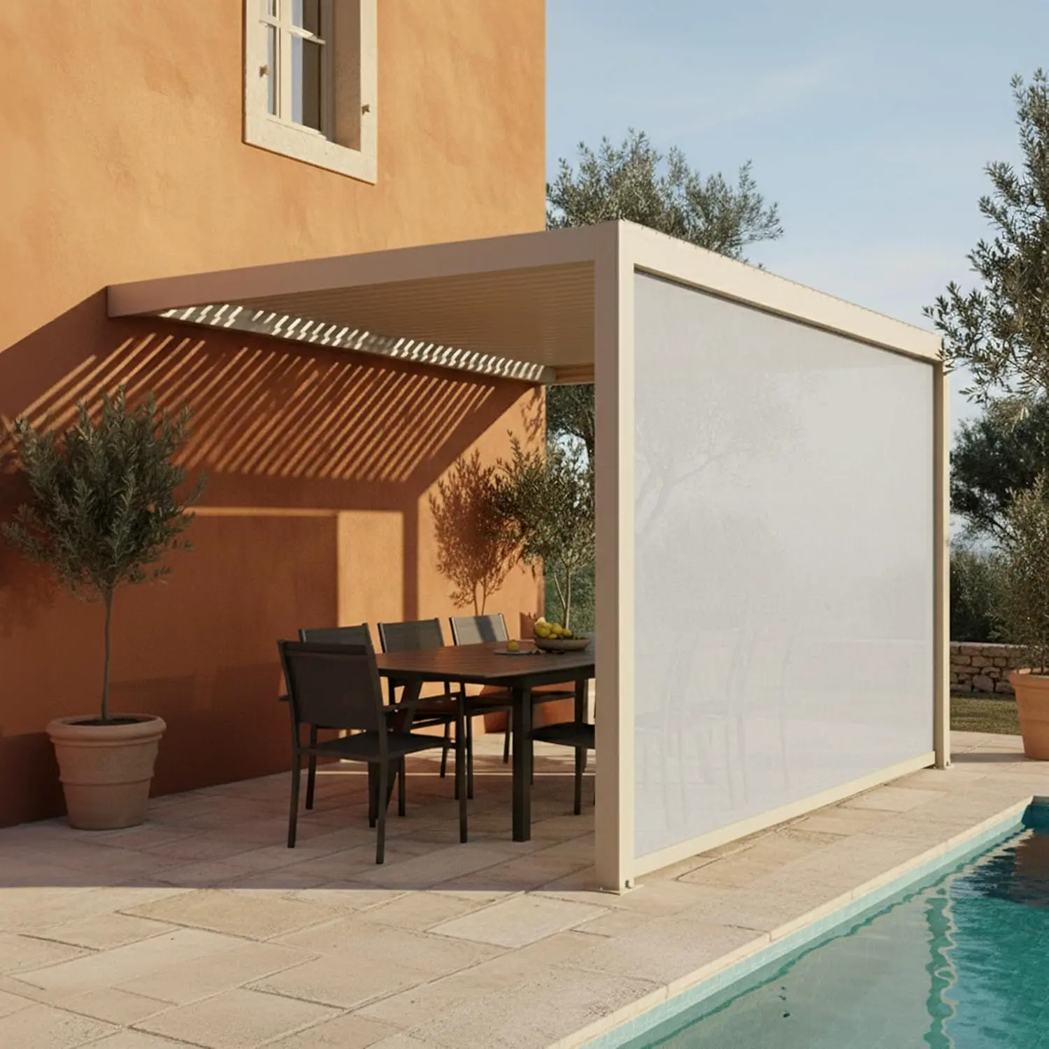 Pergola en aluminium 3x4 m adossée 1 store vue 2