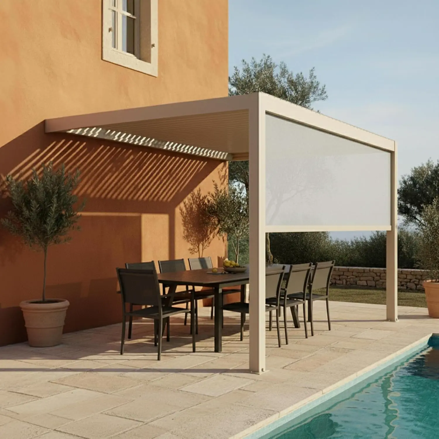 Pergola en aluminium 3x4 m adossée 1 store vue 3