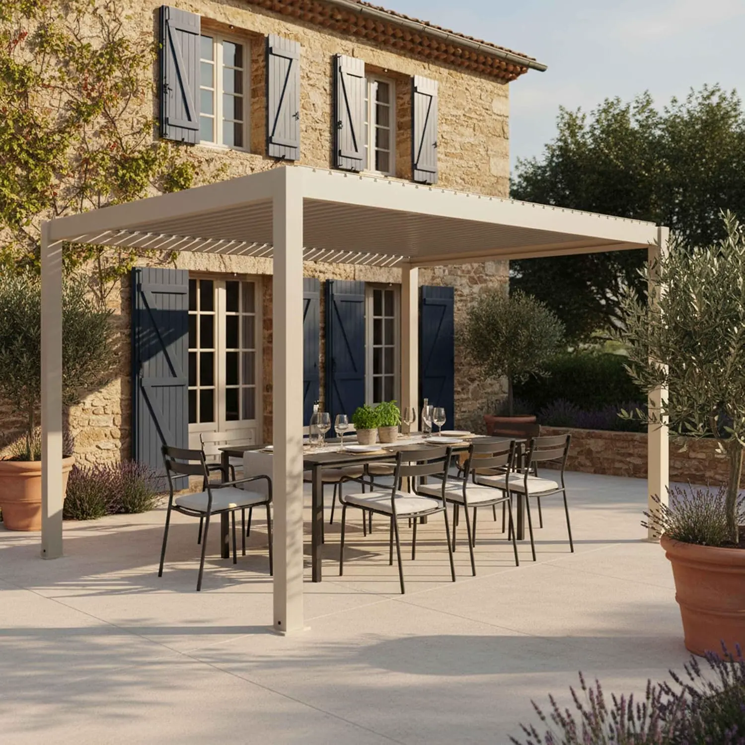 Oviala Pergola bioclimatique autoportée 3x4m en Aluminium Bois crème