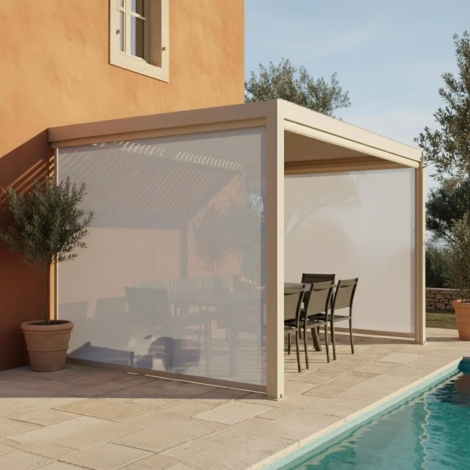 Pergola en aluminium 3x4 m adossée 2 stores vue 2