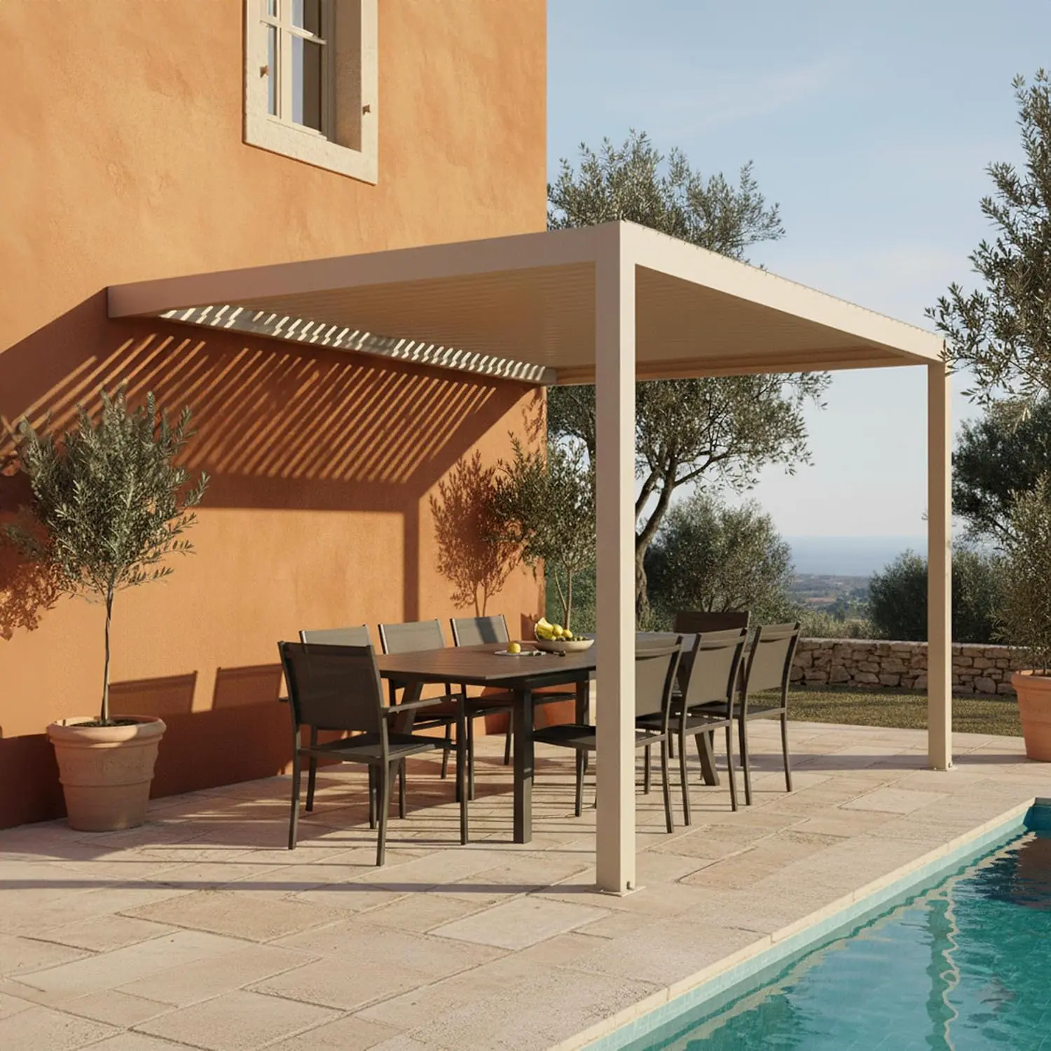 Oviala Pergola bioclimatique adossée 3x4m et 2 Stores Bois crème
